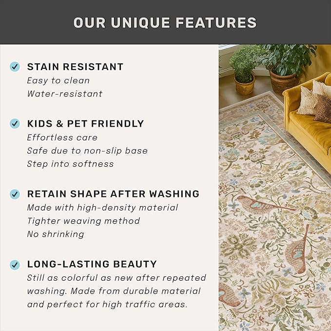 Beige 10 ft Long Vintage Runner Rugs for Hallways - 2x10 Kitchen Runners Non Slip Washable, Low Pile Entryway Rug, with Flowers and Leaves Décor
