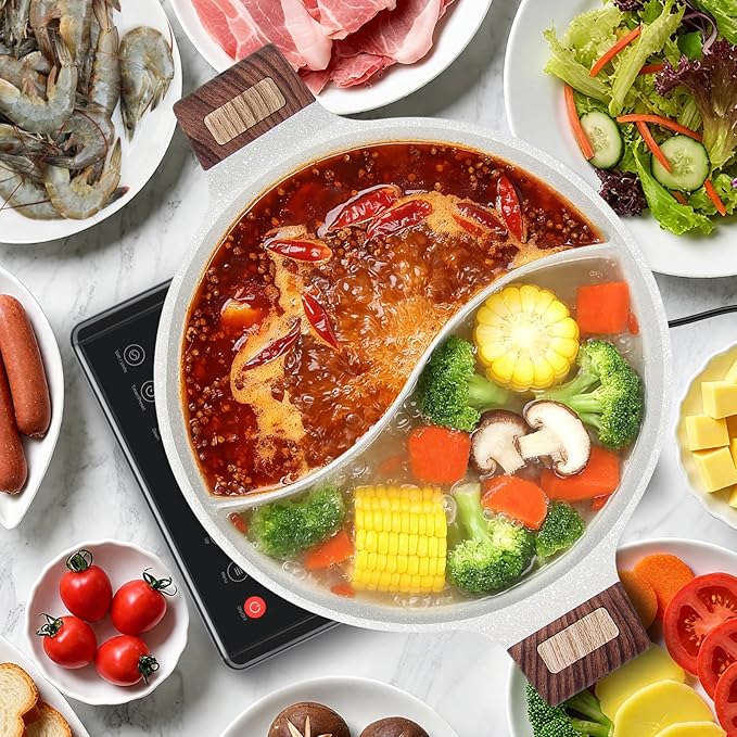 Soupify 5-QT Shabu Shabu Pot, Non-Stick Hot Pot with Divider, Dual Flavor Stockpot with Lid for Cooking, Perfect for Family and Friends Gathering