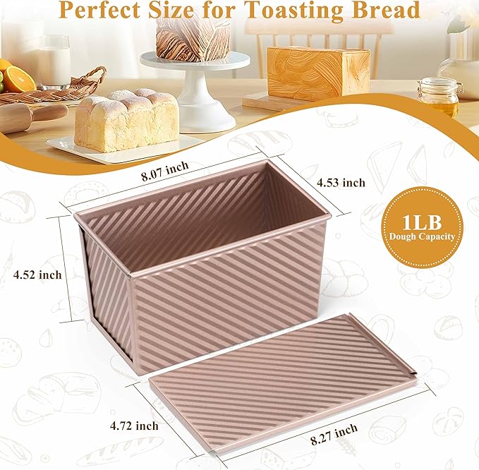 LIANYU Pullman Bread Loaf Pan with Lid, 4 Pack 1 Pound Nonstick Sourdough Loaf Pans, Heavy Duty Metal Baking Bread Tin, Homemade Sandwich Toast Bakeware, Oven Safe, Rose Gold