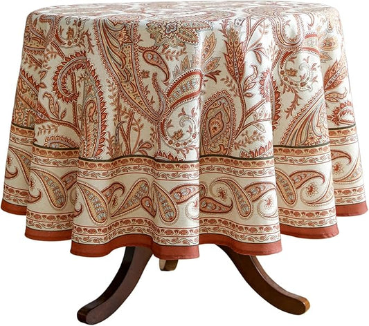ISAENNE Designer French Red Round Tablecloth,Fall Linen Table Cloth with Cashew Pattern,Stain Proof Decor Tablecloths for Dining Thanksgiving Kitchen Christmas,Diameter 67"-Chauffrey D