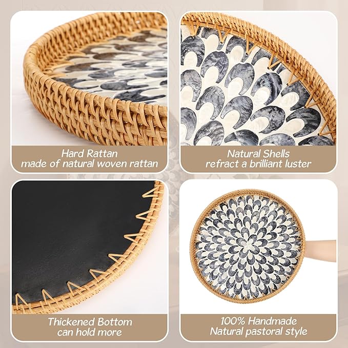 16 inch Round Rattan Tray with Mother of Pearl Inlay Wicker Serving Tray with Wooden Base Boho Decorative Wicker Basket for Table Decor Bathroom Candle Perfume(Plume)