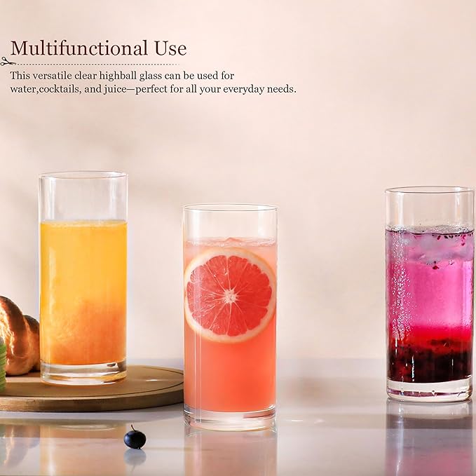 Drinking Glasses Set of 8, 16oz Glass Cups, Kitchen Highball Glasses for Beer, Juice and Cocktail, Collins Water Glasses for Bar Glassware, Unique Gifts for Christmas