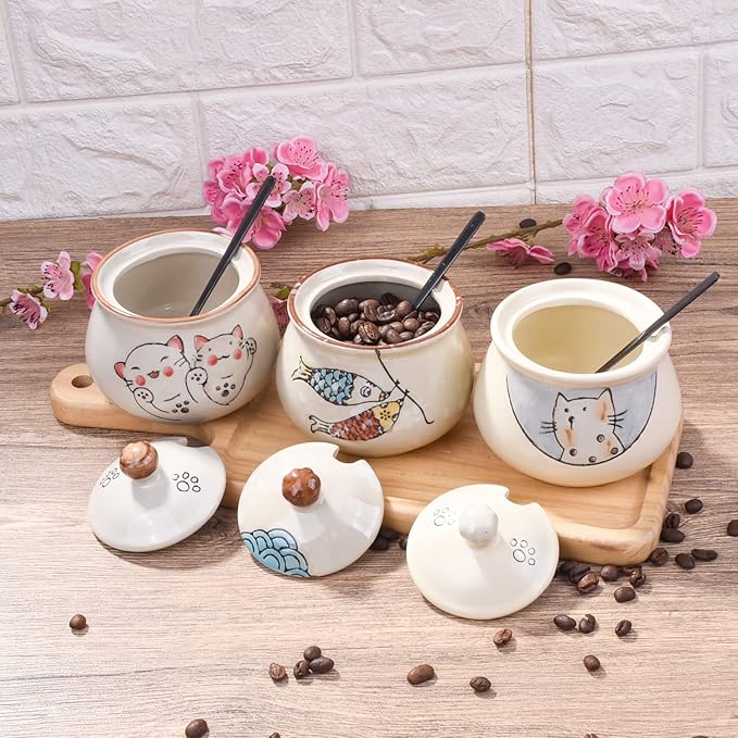Ceramic Sugar Bowl with Lid and Spoon, Japanese Sugar Bowl with Spoon and Lid (Style 3)