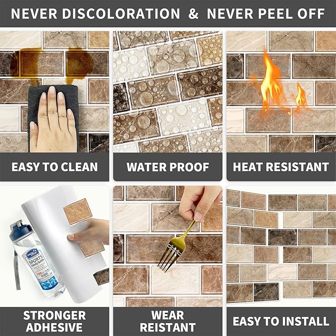 URCOLOR 10-Sheet Stick on Backsplash for Kitchen,12"x12" Peel and Stick Self Adhesive Wall Tiles Back Splashes for Bathroom Brown Marble Look