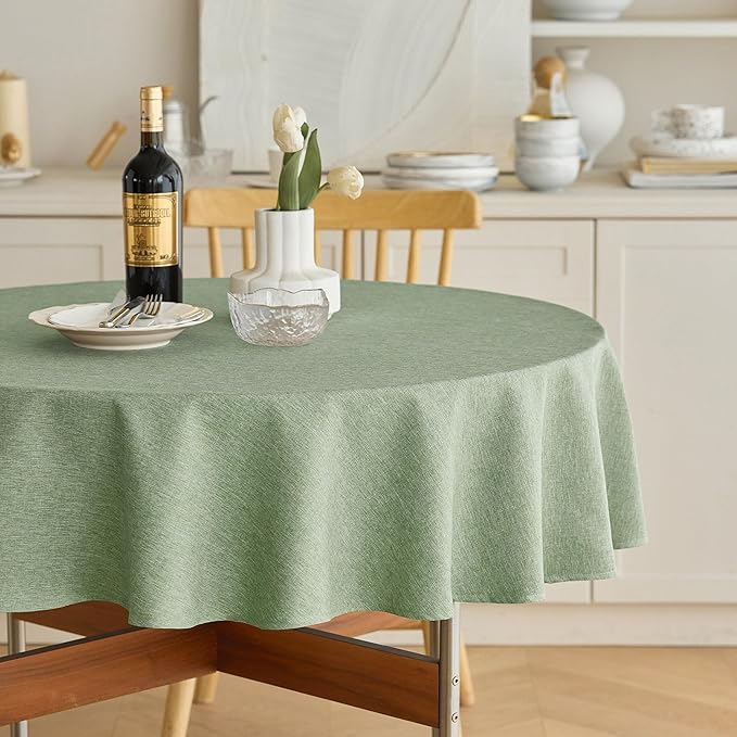 Faux Linen Rustic Round Tablecloth for Coffee Table, Decorative Waterproof Outdoor Anti-Scratch Table Cloth Cover for Party, Wedding, Picnics, Patio(Round, 70 Inch(4-6 Seats), Sage Green)