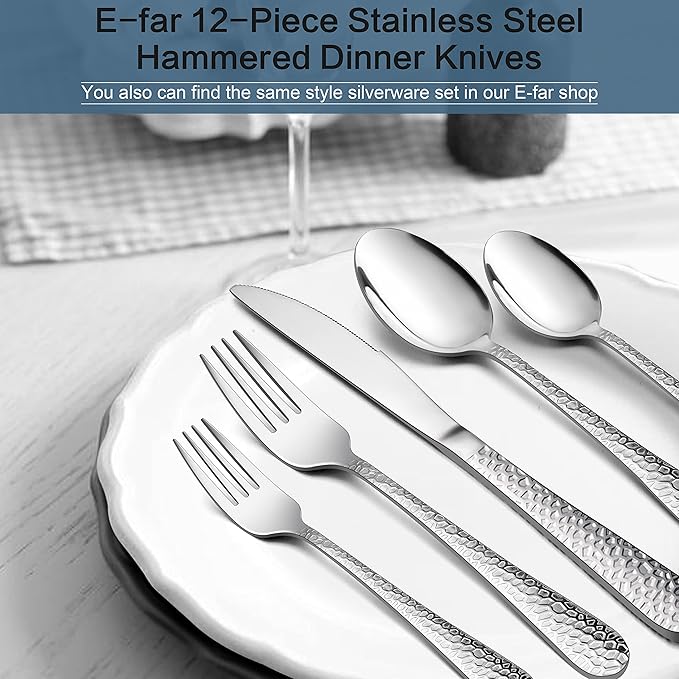 E-far Dinner Knives Set of 6, Stainless Steel Hammered Serrated Table Knife for Home Kitchen Restaurant, Mirror Polished & Dishwasher safe-8.9 Inches
