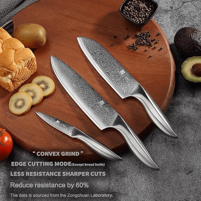 3 PCS Damascus Chef Knife Set, Ultra-Smooth Cutting Experience and Professional Grade Sharp, Kitchen Knife Set,Handle Ergonomic Design,9CR18MOV High Carbon Stainless Steel,Dishwasher Safe
