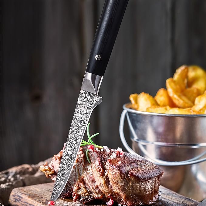 zayiko Black Edition Damascus Filleting Knife Boning Knife | 14 cm blade made of 67 layers of VG10 Damascus steel | Pakkawood handle | Kitchen knife for boning and paring meat | Elegant gift box