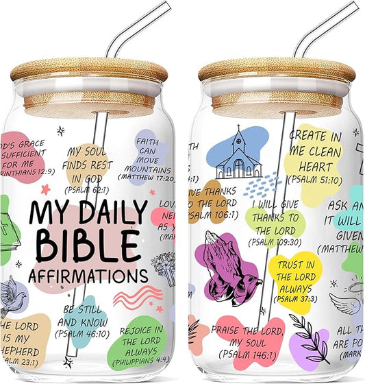 16 Oz Bible Verse Coffee Mug for Women Daily Bible Affirmations Glass Cup with Lid & Straw Women of the Bible Drink Cup Inspirational Mother’s Day Religious Christian Gifts for Mom Aunt Nana