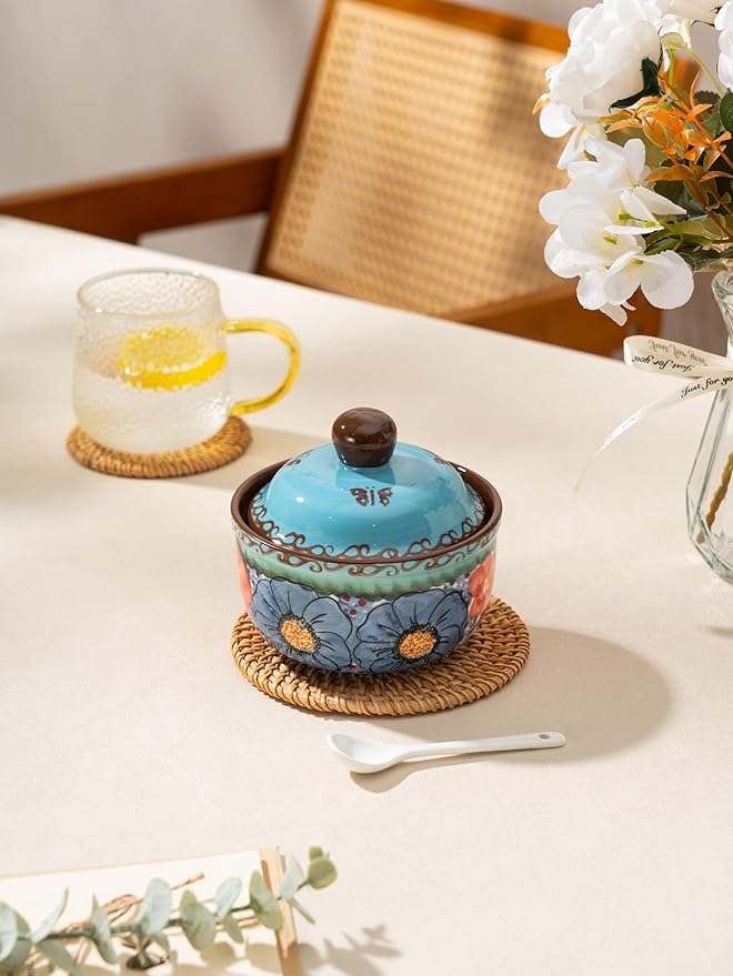 silesia Handmade Sugar Bowl with Lid and Spoon, 10 Ounce Ceramic Hand-Painted Sugar Jar for Kitchen in Gift Box, Kitchen Decor, Oven, Dishwasher & Microwave Safe, Glazed Blue