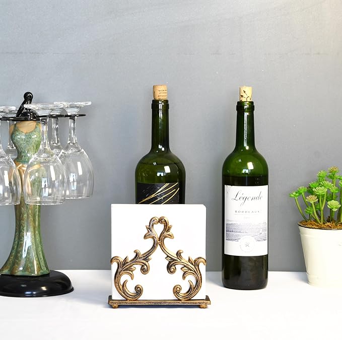 Owlgift Baroque Bronze Napkin Holder – Decorative Metal Tissue Rack for Tabletop, Mail, or Bill Organizer – 6 x 2 x 5.3 Inches, Rustic Finish for Home or Restaurant Use