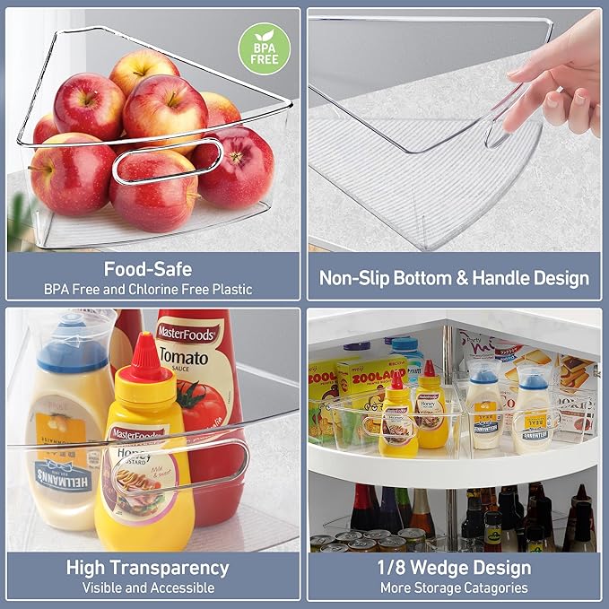 Leeden Lazy Susan Organizer for 28" Diameter Corner Lazy Susan, Plastic Kitchen Cabinet Storage Bins with Handle, 6 Packs, 1/8 Wedge - Food Safe, BPA Free
