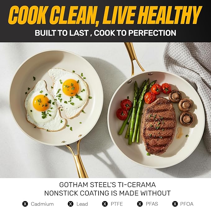 GOTHAM STEEL 12 Inch Nonstick Frying Pan, Diamond-Reinforced Ceramic, Dishwasher Safe, Cream White, PFOA Free