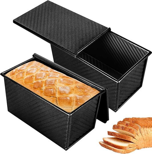 Spmarkt 2pack 1LB Black Pullman Loaf Pan with Lid, Non-Stick Sandwich Bread Loaf Pan, Easy Release Bread Pan with Lid for Homemade Bread