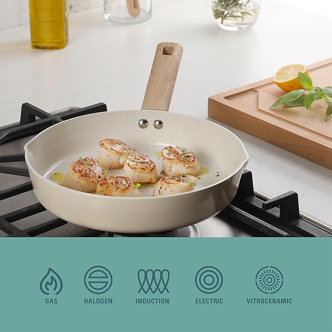 Gibson Home Marbleton 9.5 Inch Aluminum Fry Pan Cookware Non-Toxic Premium Ceramic Non Stick Frying Pan, Kitchen Egg Pan, Omelet Pan, Always Pan, Pots and Pans, Taupe, Induction Safe