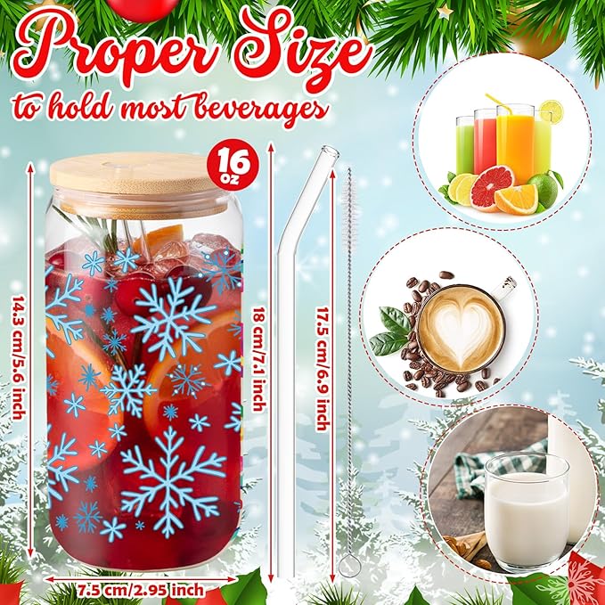 Sliner 2 Pcs Snowflake Glass Cups Christmas Tumbler with Lid Straw Winter Drinking Glasses 16 oz Iced Coffee Cup with Cleaning Brush Beer Can Tumbler Cute Holiday Gifts for Home Office Decorations