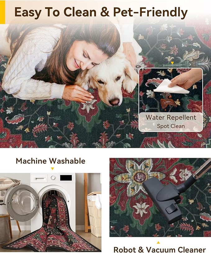 Area Rugs 3'x5' Washable Non-Slip, Floral Vintage Distress Print Pattern Medallion Carpet for Living Room Bedroom Dining Room, Red Black