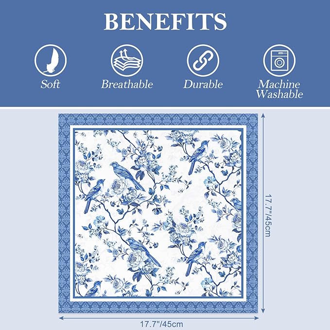 Bird Flower Napkins, 18×18 Inch Blue Branch Dinner Cloth Napkins Set of 6, Washable Cotton Soft Absorbent Square Napkins for Dining Kitchen Party Wedding Decoration