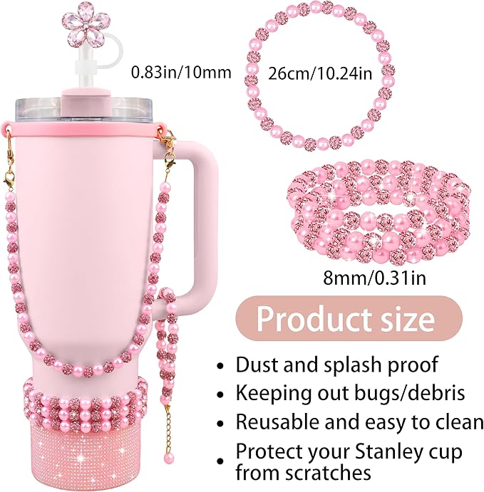 9PCS Pink of Stanley Cup Accessories Set 30/40 OZ Bling Pearls Rhinestones Charms for Stanley Decorations Tumbler Accessories Including Flower Straw Topper, Rhinestones Boot 30/40 OZ