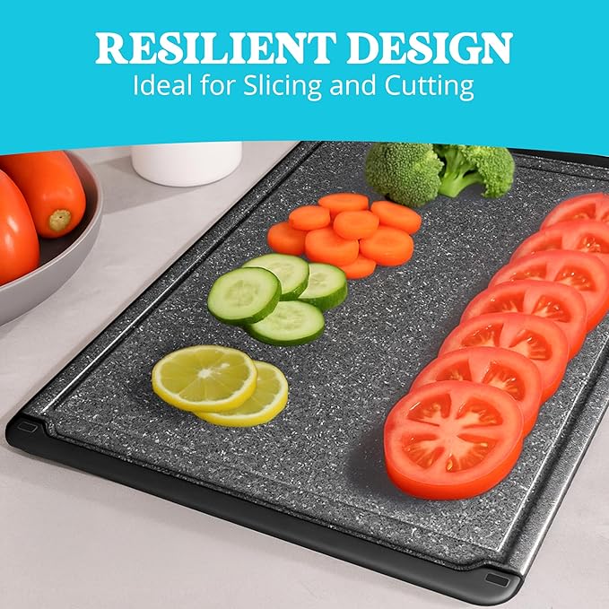 Large Cutting Boards for Kitchen - 18 x 12 Inch Plastic Cutting Board with Deep Juice Groove - Non-Slip, Durable Carving Board for Vegetables, Fruits and Meats - Dishwasher Safe Charcoal Grey