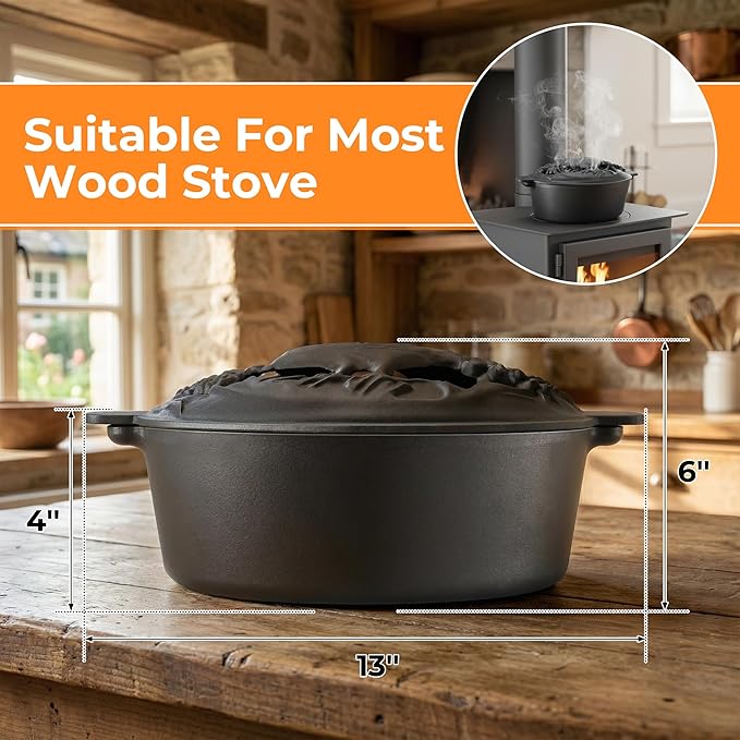 Wood Stove Steamer with Upgraded Handle, 2.5 Quart Wood Stove Humidifier with Decorative Chicken Pattern, Cast Iron with Porcelain, Fireplace Steamer Pot Steam Vaporizers