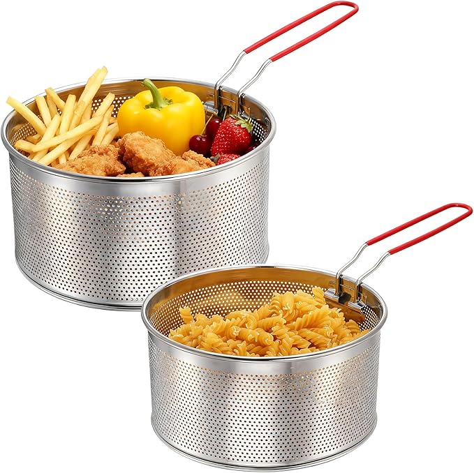 TOPZEA Set of 2 Pasta Strainers, Stainless Steel Spaghetti Noodle Strainer Basket Deep Fry Basket with Removable Handle Kitchen Food Colander for Boiling, Frying, Blanching, Draining, Steaming