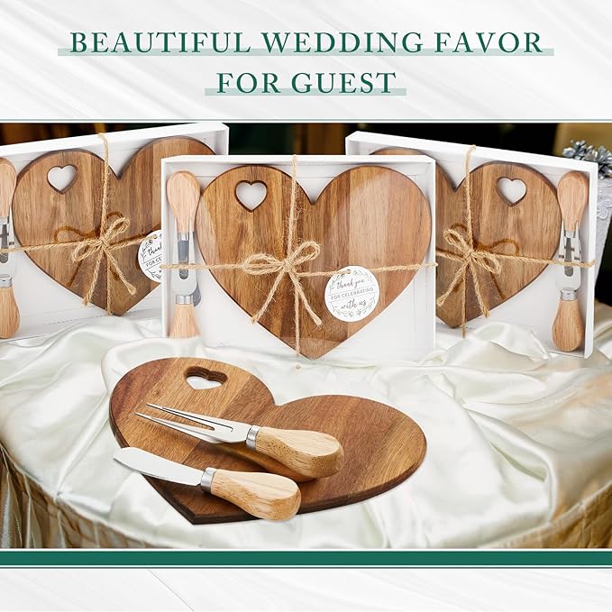 Patelai 18 Set Bridal Baby Shower Favor Heart Cheese Board with Knife, Wood Mini Charcuterie Board Thank You Gift Box for Guest Bridal Baby Shower Prize Wedding Valentines Birthday (Acacia Color)