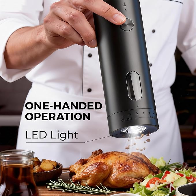 Upgraded Larger Capacity 110ml Electric Salt and Pepper Grinder Set, Rechargeable Automatic Salt and Pepper Shakers with LED light,Kitchen Appliances with External 6 Adjustable Coarseness