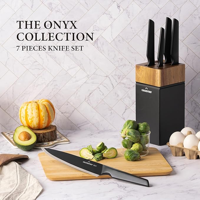 GRANDTIES 7 Piece Nonstick Black Kitchen Knife Set With Block Wooden And Sharpener, High Carbon German Stainless Steel, Ultra Sharp Forged Full Tang Chef Knife Set, Apartment Essentials, Kitchen Décor