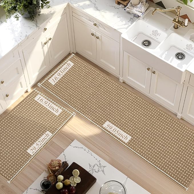 Kitchen Rugs,Non Slip Absorbent Kitchen Mats for Floor-Thick Stain Resistant Washable Kitchen Floor Mat Runner Carpet for Hallways,Entryway,Laundry Room,Sink(17"x29"+17"x59",Brown,Roll Package)