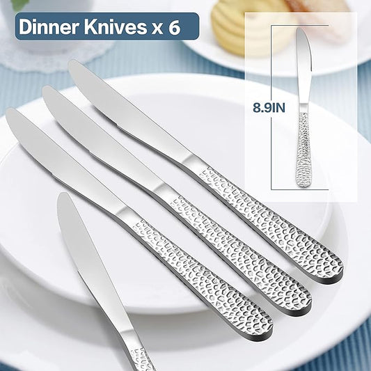 E-far Dinner Knives Set of 6, Stainless Steel Hammered Serrated Table Knife for Home Kitchen Restaurant, Mirror Polished & Dishwasher safe-8.9 Inches