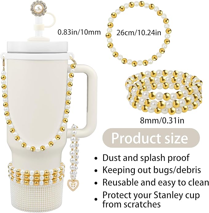 Cup Accessories for Stanley 30/40oz Tumbler containing Pearl Straw Cover Topper, Silicone Cup Boot, Water Bottle Handle Strap& Pearl Bracelets Charms(Pearls with Gold Beads)