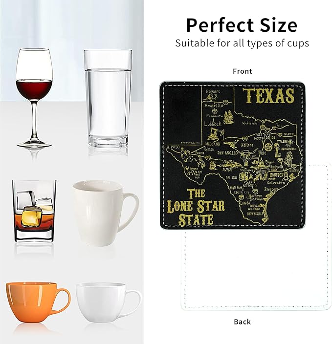 Marble Coasters Square Leather Drinks Coaster Set with Holder for Coffee Table Bar Home Decor 4 Inches Set of 6 (Texas, One Size)