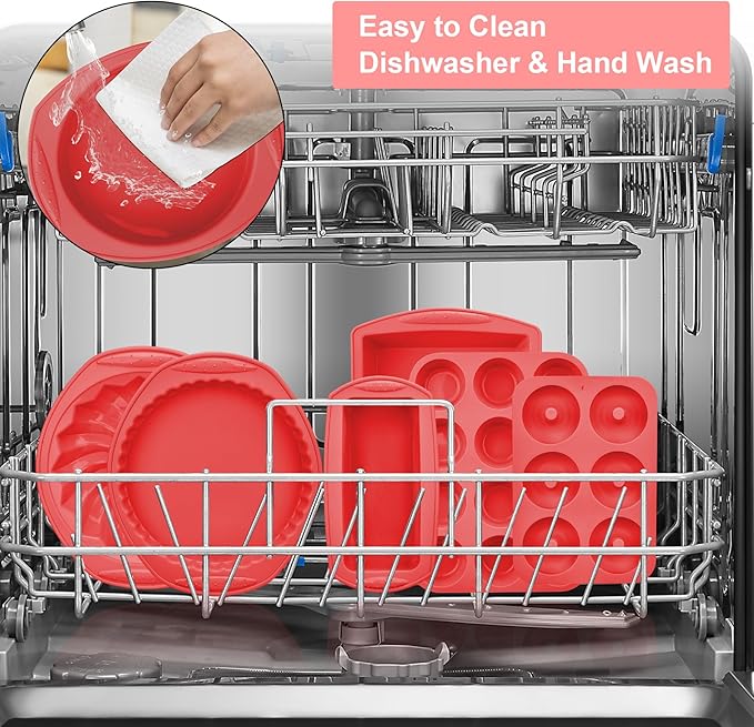 Aschef 9in1 Nonstick Silicone Baking Bundt Cake Pan Cookie Sheet Molds Tray Set for Oven, BPA Free Heat Resistant Bakeware Tools Kit for Muffin Loaf Bread Pizza Cheesecake Cupcake Pie Utensils, Red