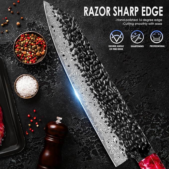 COOKLET'S Kitchen Knife, 8 Inch Damascus Sharp Kiritsuke Knife, Professional Japanese VG10 Steel Core Chef Knife, G10 Ergonomic Color Wooden Handle with Luxury Gift Box for Home