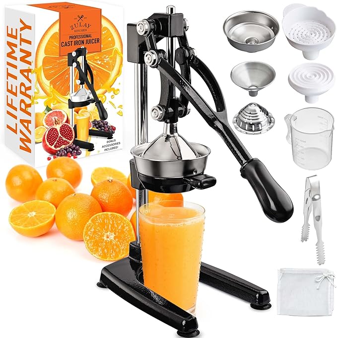 Zulay Kitchen 9 in 1 Cast Iron Juicer - Easy-to-Clean Heavy-Duty Manual Juicer with Presser Attachment to Juice All Types of Fruits! Extra Tall with Stainless Steel Bowl - Black