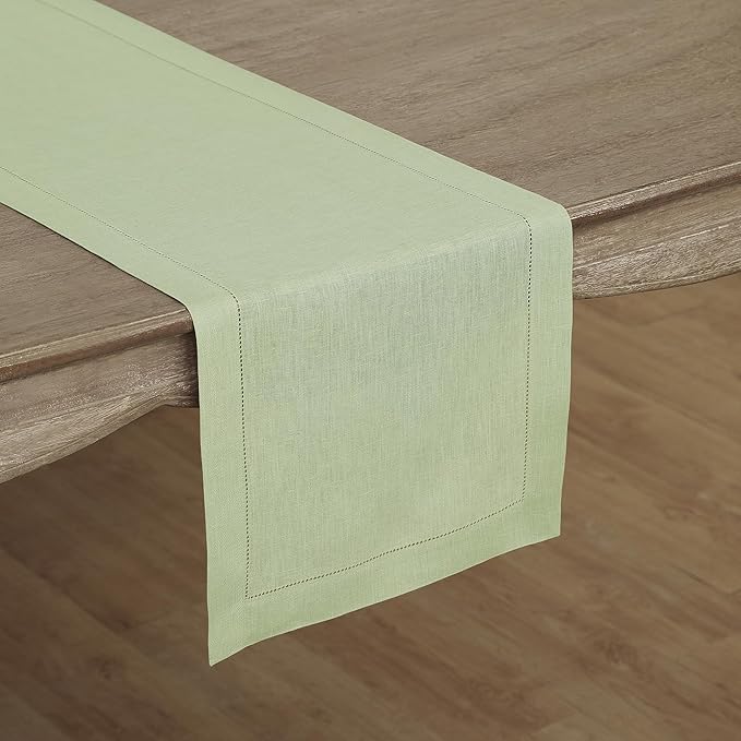 Solino Home Linen Sage Green Table Runner 108 Inches Long - 100% Pure Linen 14 x 108 Inch Table Runner for Spring, Easter, St Patricks Day - Classic Hemstitch