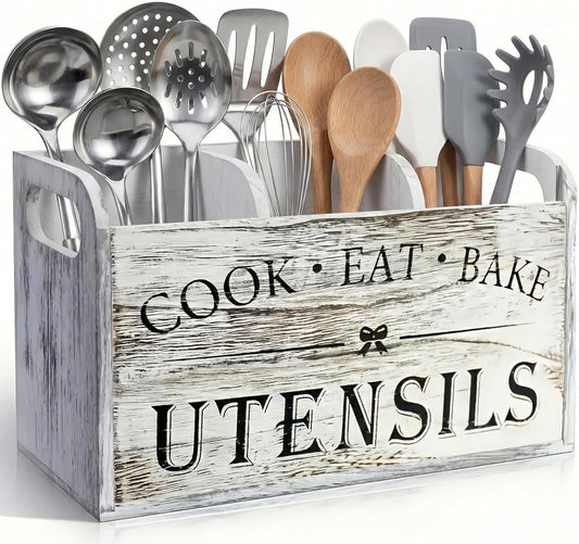 Farmhouse Kitchen Utensil Holder for Countertop, Distressed White Wooden Cooking Utensil Organizer with 3 Compartments & Handles, Rustic Extra Large Crock Space Saver for Spatulas & Spoons