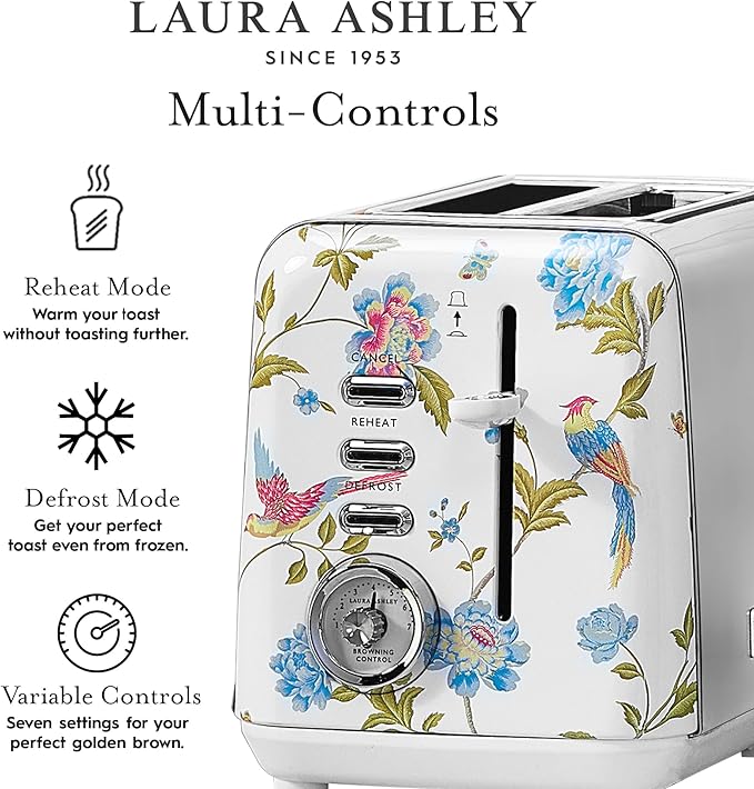 VQ Laura Ashley Elveden White Stainless Steel 2 Slice Toaster | Multi-Functional Bagels & Bread Toaster 2 Slice with Adjustable Heating & Defrost Mode | Featuring 2 Wide Slots, Croissant Warming Rack