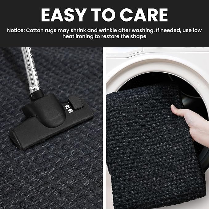 IOHOUZE Washable Runner Rug 2x10 Non Slip Rubber Backed Long Hallway Runner Entryway Runner Indoor, Kitchen Rugs Woven Cotton Floor Carpet for Hall Entrance, Black/Grey