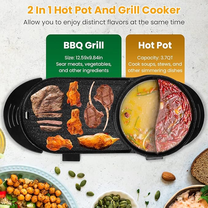 iMounTEK Electric Hot Pot with Grill, 2 IN 1 Hot Pot with BBQ Grill Cooker Smokeless Non-Stick Korean BBQ Grill Shabu Hot Pot with Independent Temperature Control Firepower For 10 People Party Camping