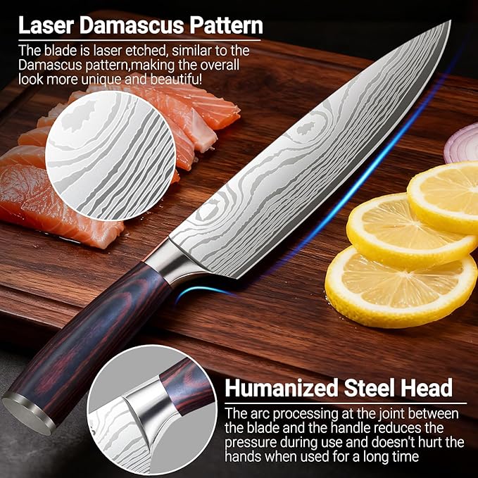 Chef Knife 8 Inch Kitchen Knife - Ultra Sharp High-Carbon Steel Chefs Knife, Professional Cooking Knives with Ergonomic Wood Handle & Gift Box