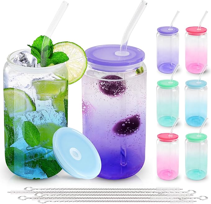 Joyclub 16oz Glass Cups with Acrylic Lids and Straws 8 Set Can Shaped Glass Iced Coffee Cups with Lids, Gradient Drinking Glasses Cute Tumbler Cup Great for Smoothie Soda Boba Tea Cocktail Beer Gift