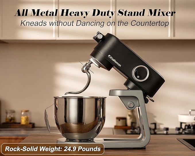 Kraftsman Stand Mixer All Metal - Heavy Duty Kitchen Standing Mixer 5.3 Quart with 4 Stainless Steel Attachments, DC Motor & Multifunctional Power Hub, 8-Speed & Timer, Lower Noise (Black)