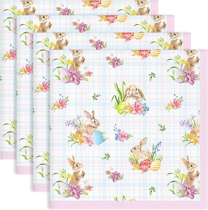 Easter Bunny Napkins, 18×18 Inch Egg Floral Dinner Cloth Napkins Set of 4, Washable Cotton Soft Absorbent Square Napkins for Dining Kitchen Party Wedding Decoration