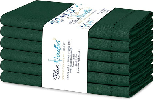 Blue Needles Set of 6 Hemstitch Linen Napkins 100% Cotton Forest Green Cloth Dinner Napkins 18x18 inches, Soft, Reusable, Absorbent, Washable, Ideal for Wedding Events, Parties & Everyday Use