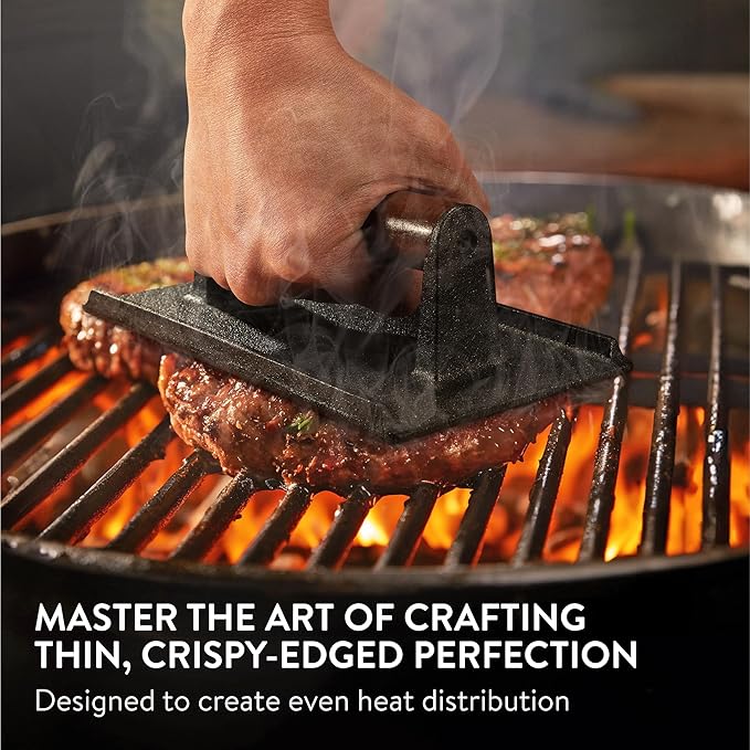 Navaris Smash Burger Press - Rectangular Cast Iron Hamburger Press - Burgers Presser for Even Grilling and Sear Marks - 21 x 11 x 6.5 cm (8.3 x 4.3 x 2.6 in)