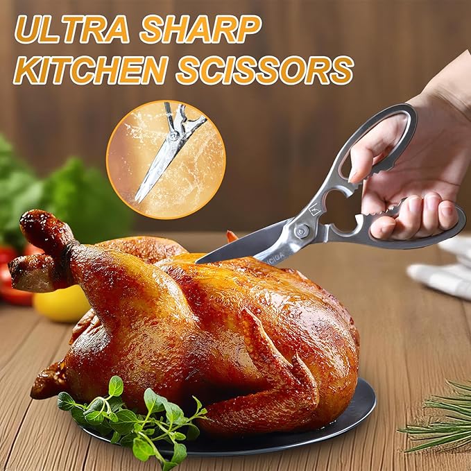 Kitchen Scissors Multi-Purpose Kitchen Shears Micro-serrated Sharp Blade Heavy Duty Stainless Steel Safe Food Scissors for Chicken, Poultry, Fish, Meat & Herbs with Non-Slip Grips