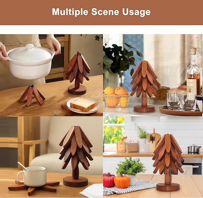 Foldable Kitchen Wooden Trivet Wooden Trivets for Hot Dishes, Tree Shape Trivet Set, 4 Walnut Wood 1 Stand stored Like a Christmas Tree,for Hot Pot Holder, Teapot, Bowl, Hot Dishes (Walnut Wood)
