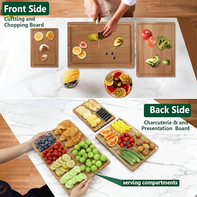 Acacia Wood Cutting Boards for Kitchen Set of 3, Chopping Board with Holder, with Deep Juice Groove Grip Handles, Charcuterie Boards, for Meat, Vegetables and Fruits and Cheese (Set A of 3)